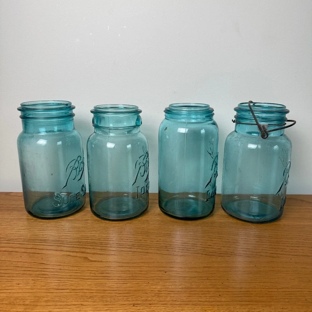 Set of 4 Antique Vintage 1900-1923 Aqua‎ Blue Ball Mason Jars Quart